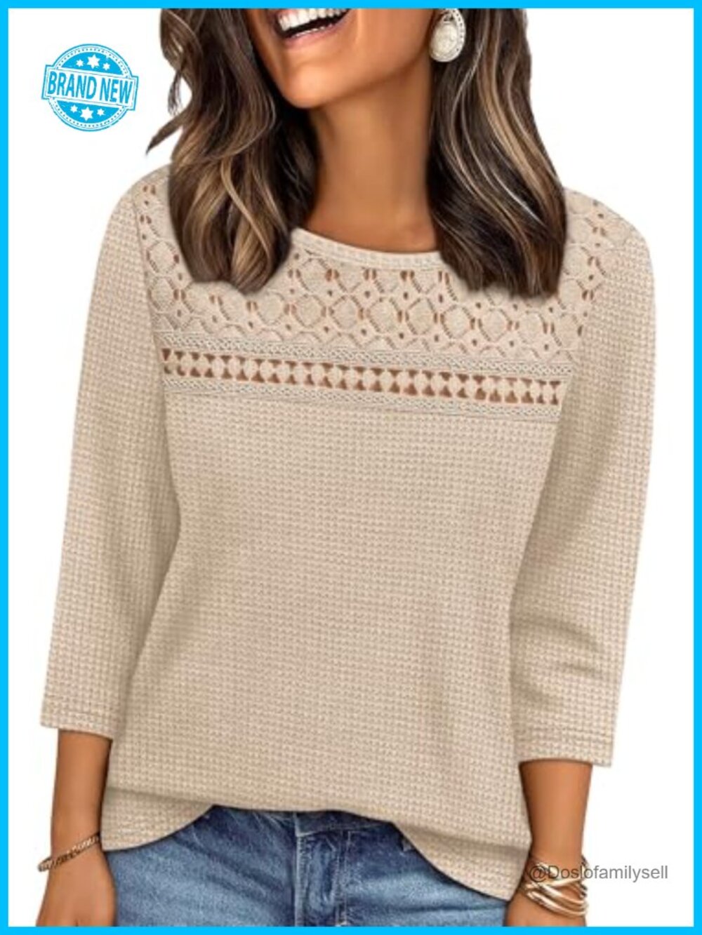 Womens Waffle Knit Blouse 3/4 Sleeve Lace Front Dressy Casual Top